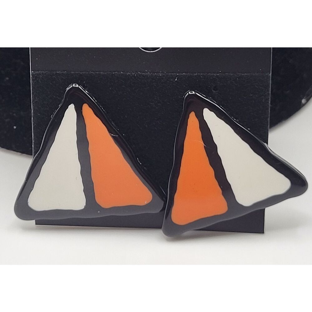 Bold Retro Triangle Earrings Orange, White & Black Enamel Geometric 80's 1.25in